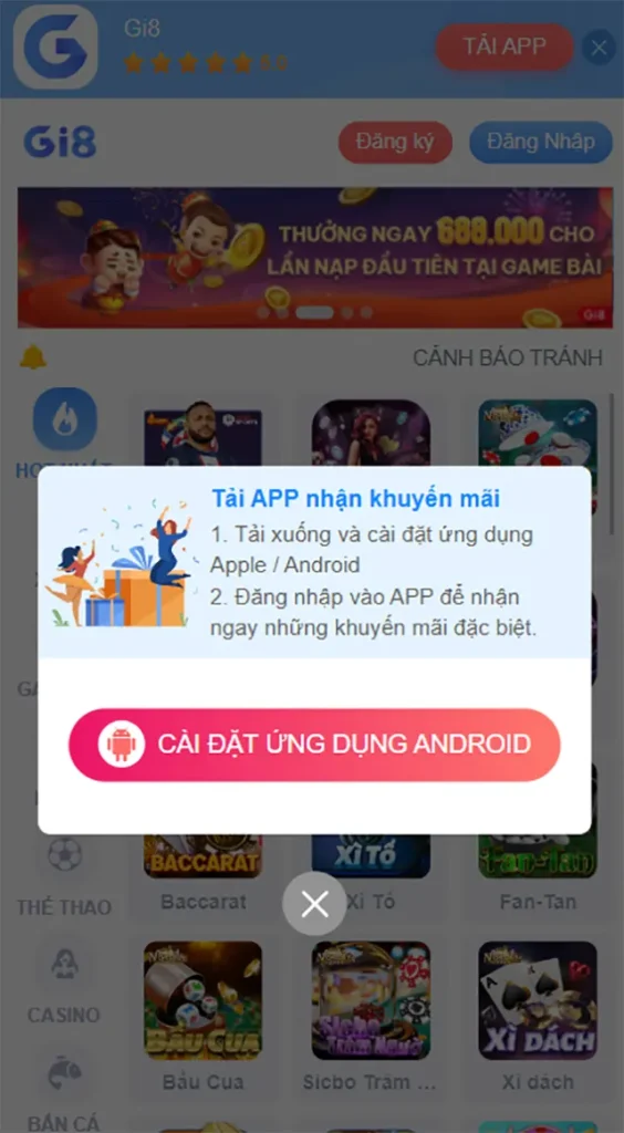 Lựa chọn tải app Gi8 cho điện thoại Android.