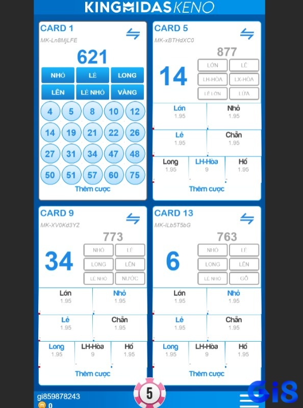 Giao diện chơi Keno tại nhà cái Gi8